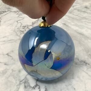 Li Bien Blue Glass Hand Painted Doves Christmas Ornament Holiday Decor A11-3
